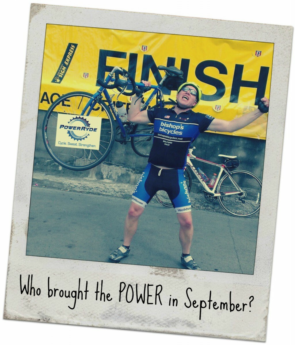 Polaroid style picture of John Buttram holding a bike with 'Who Brought the POWER in September'?